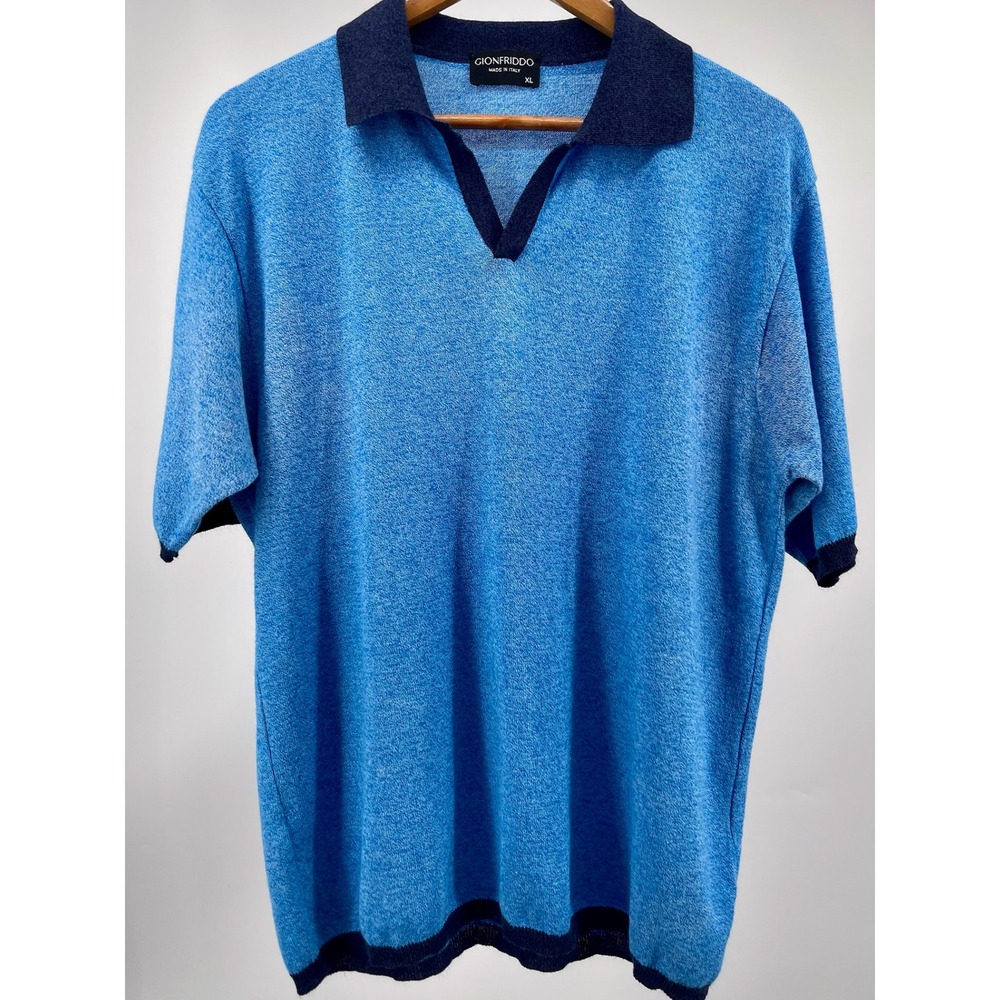 Gionfriddo Knit Polo Shirt Mens XL Blue Cotton Blend‎ Italy V Neck Short Sleeve